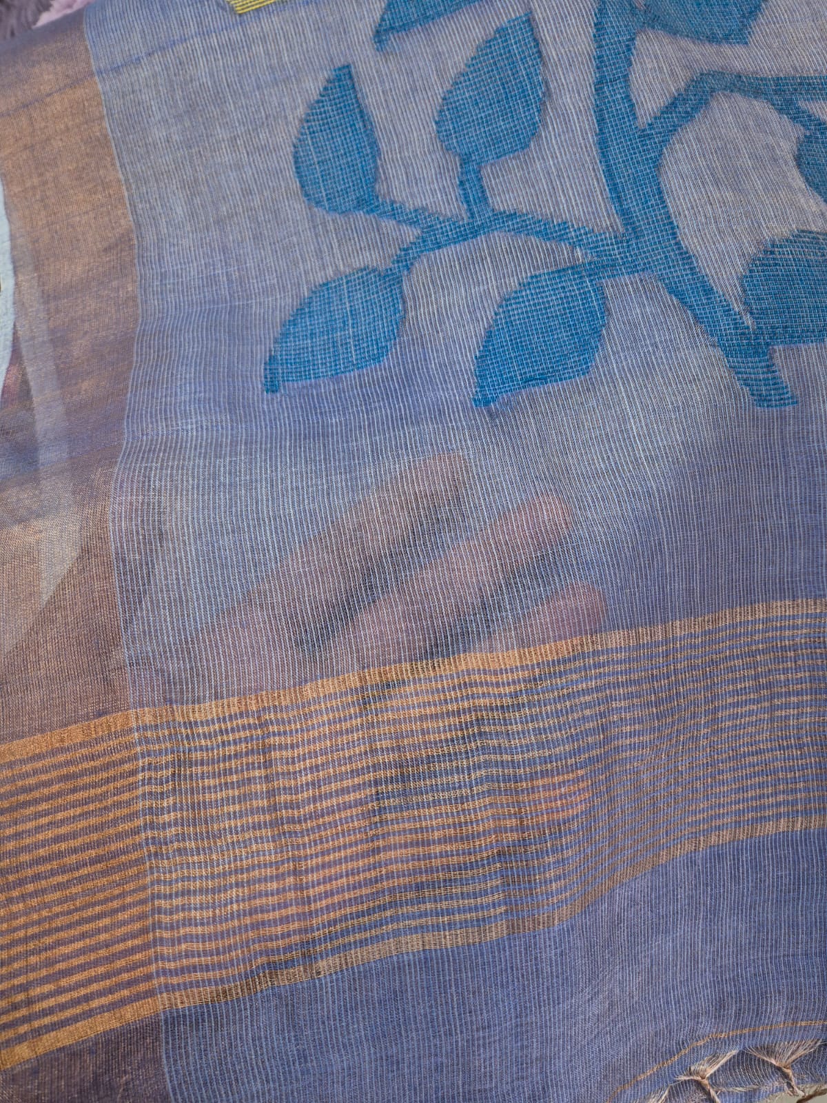 Bluish Purple Base with Blue Stems Handloom Tissue Silk Saree with Jamdani weaving