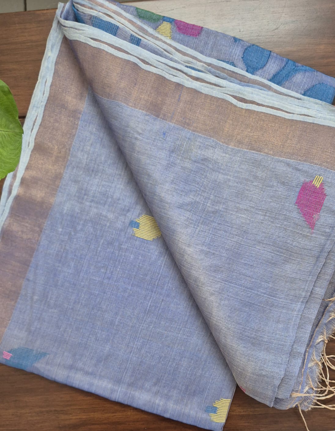 Bluish Purple Base with Blue Stems Handloom Tissue Silk Saree with Jamdani weaving