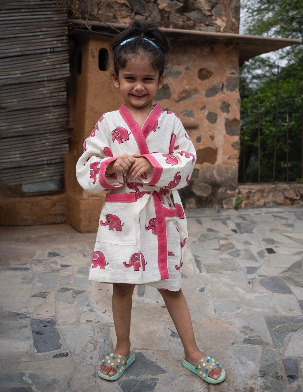 elephant print kids bathrobe in breathable waffle cotton with name embroidery suitable for birthday gifting and export to Indonesia and Belgium