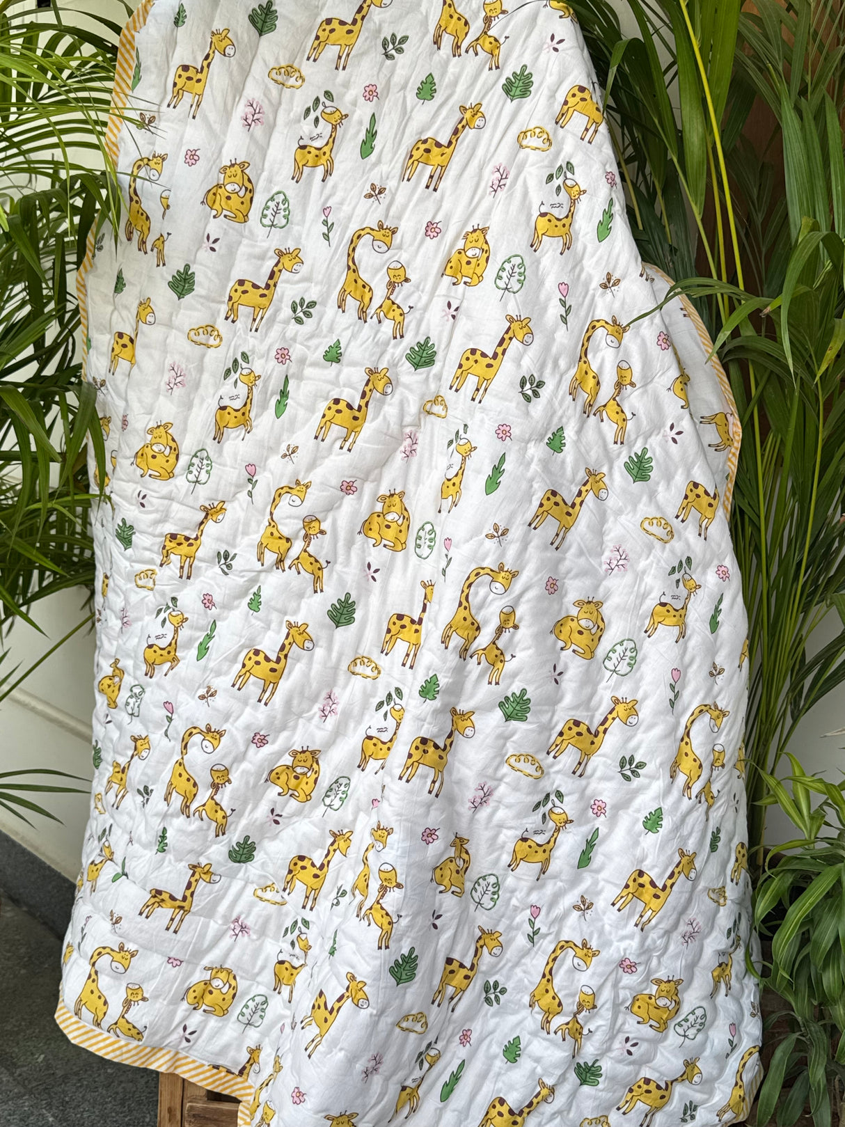 soft mulmul cotton yellow giraffe dohar for kids bulk ordered by Indian stores in Australia and Bahrain