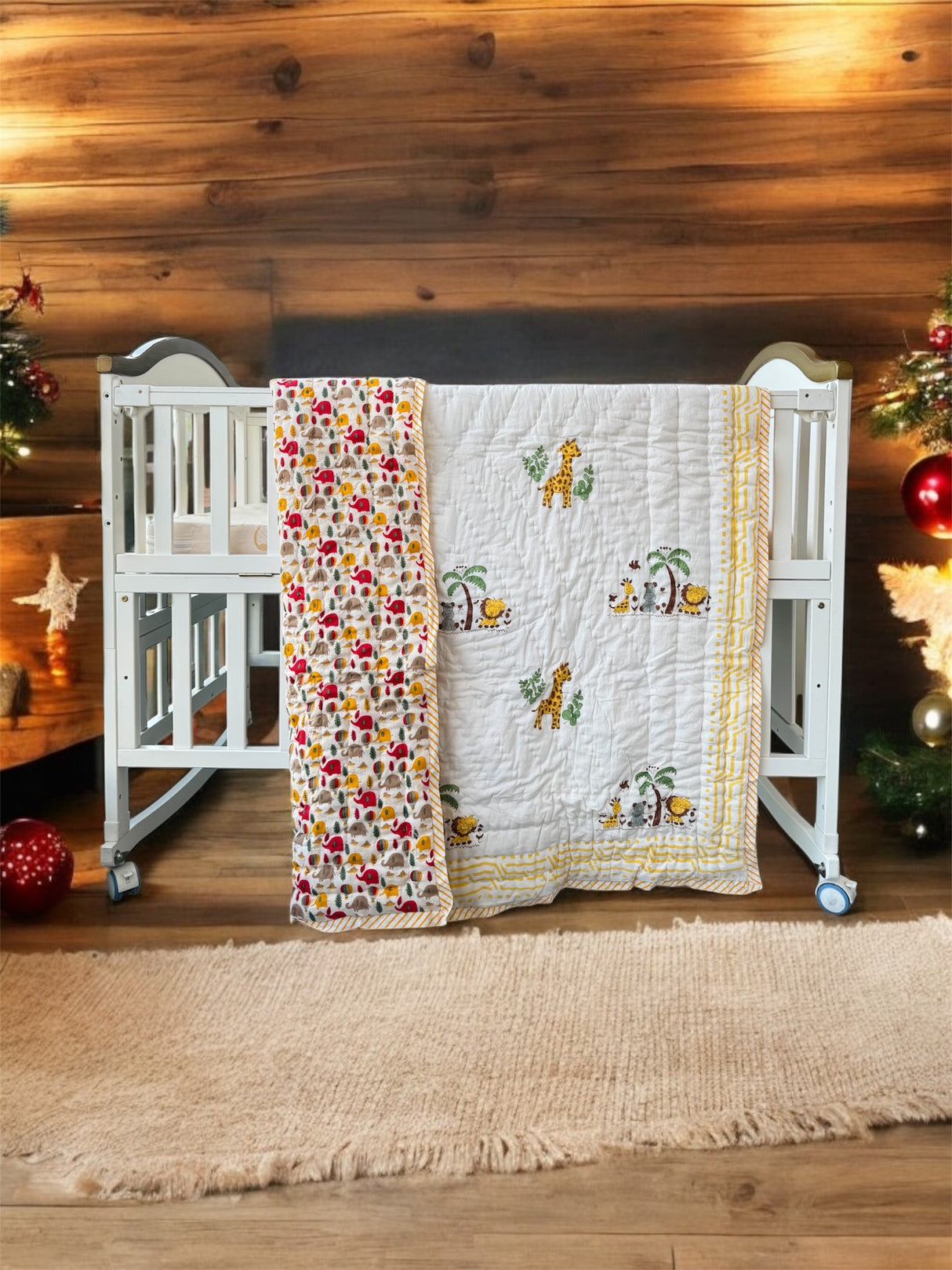 artisan made reversible cotton dohar with elephants and jungle friends for babies ideal for bulk gifting in South Africa and New Zealand