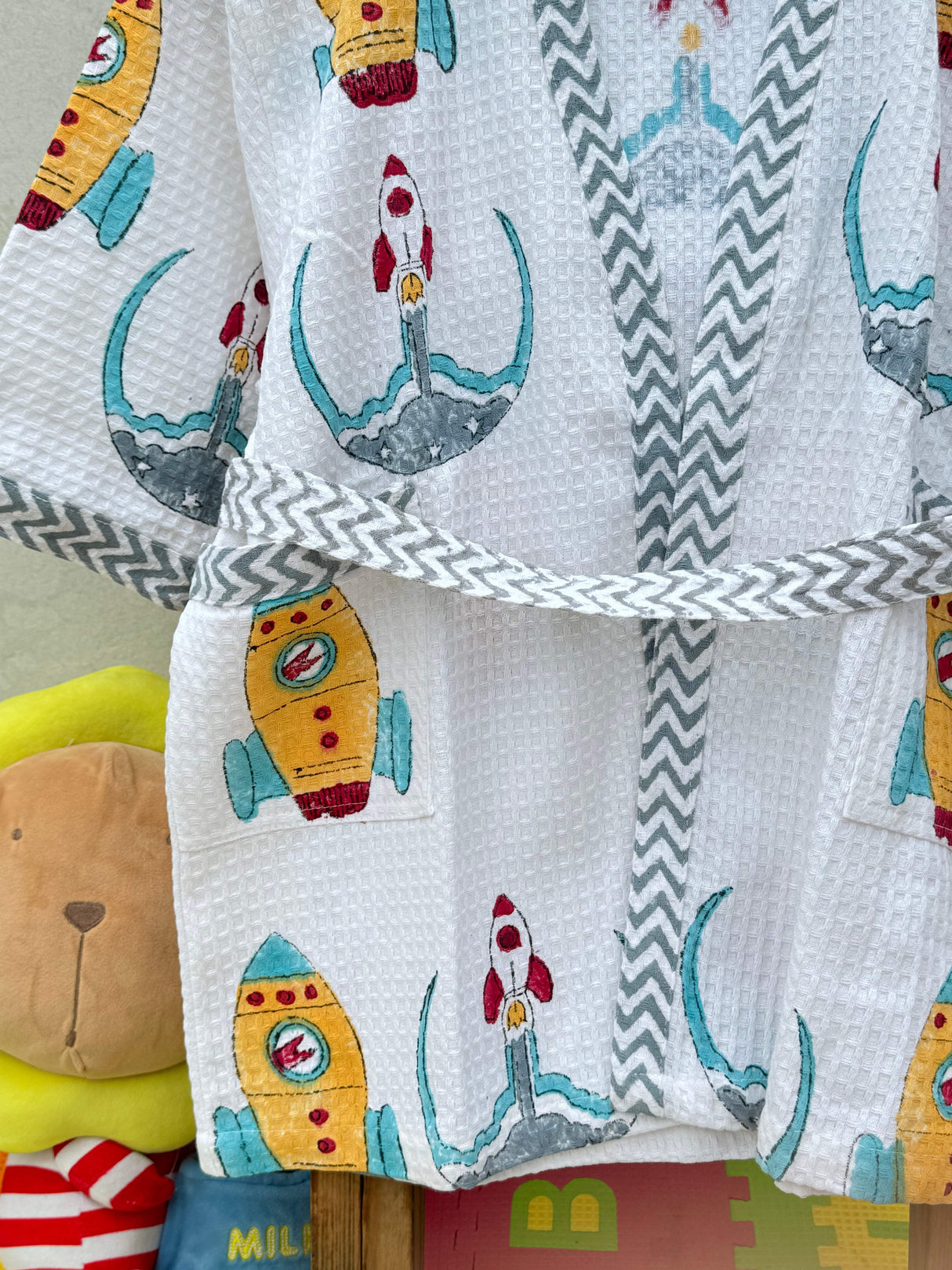 kids cotton waffle bathrobe with space rocket theme and embroidered name perfect for export orders to new york switzerland and india