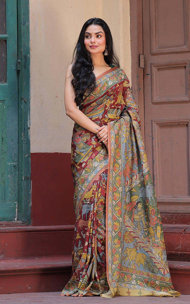 brick-red-floral-mulberry-silk-kalamkari-saree-front-view