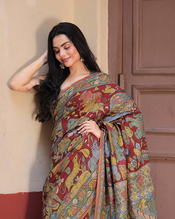 brick-red-floral-mulberry-silk-kalamkari-saree-side-view