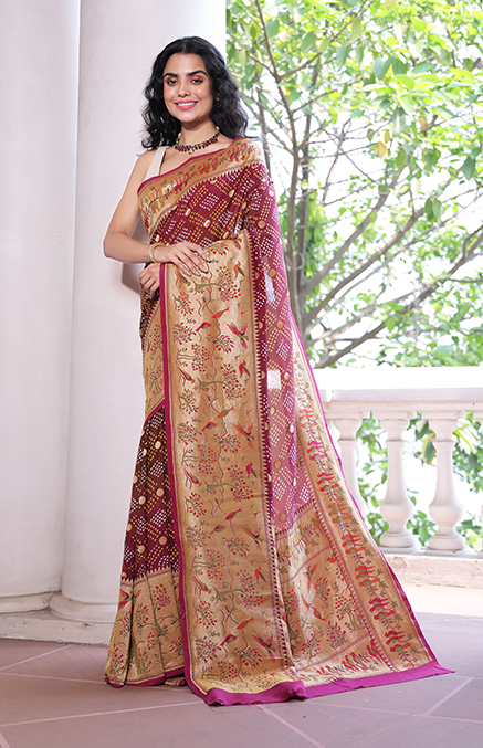 Handloom Pure Georgette Bandhani Saree with Beautiful Garden Theme Border