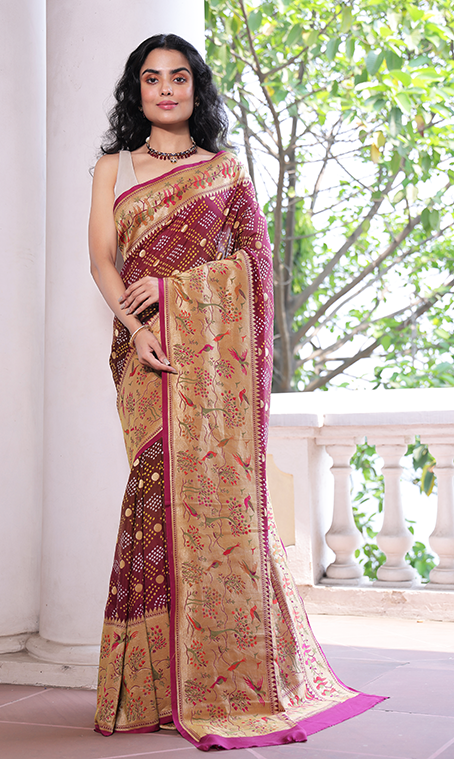 Handloom Pure Georgette Bandhani Saree with Beautiful Garden Theme Border