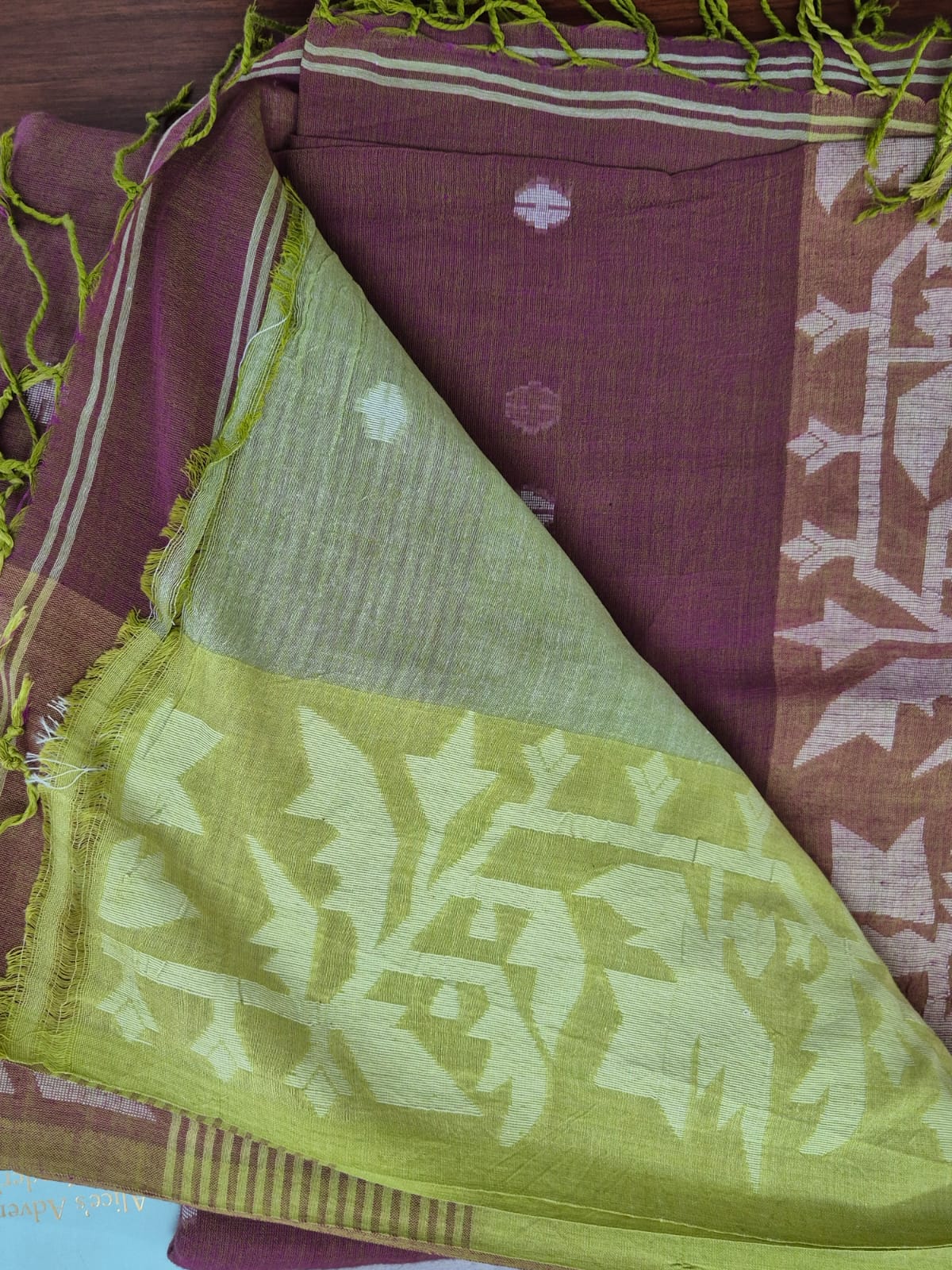 Elegant Mulmul Cotton Saree made on Jacquard Loom in Brown and Green Colour