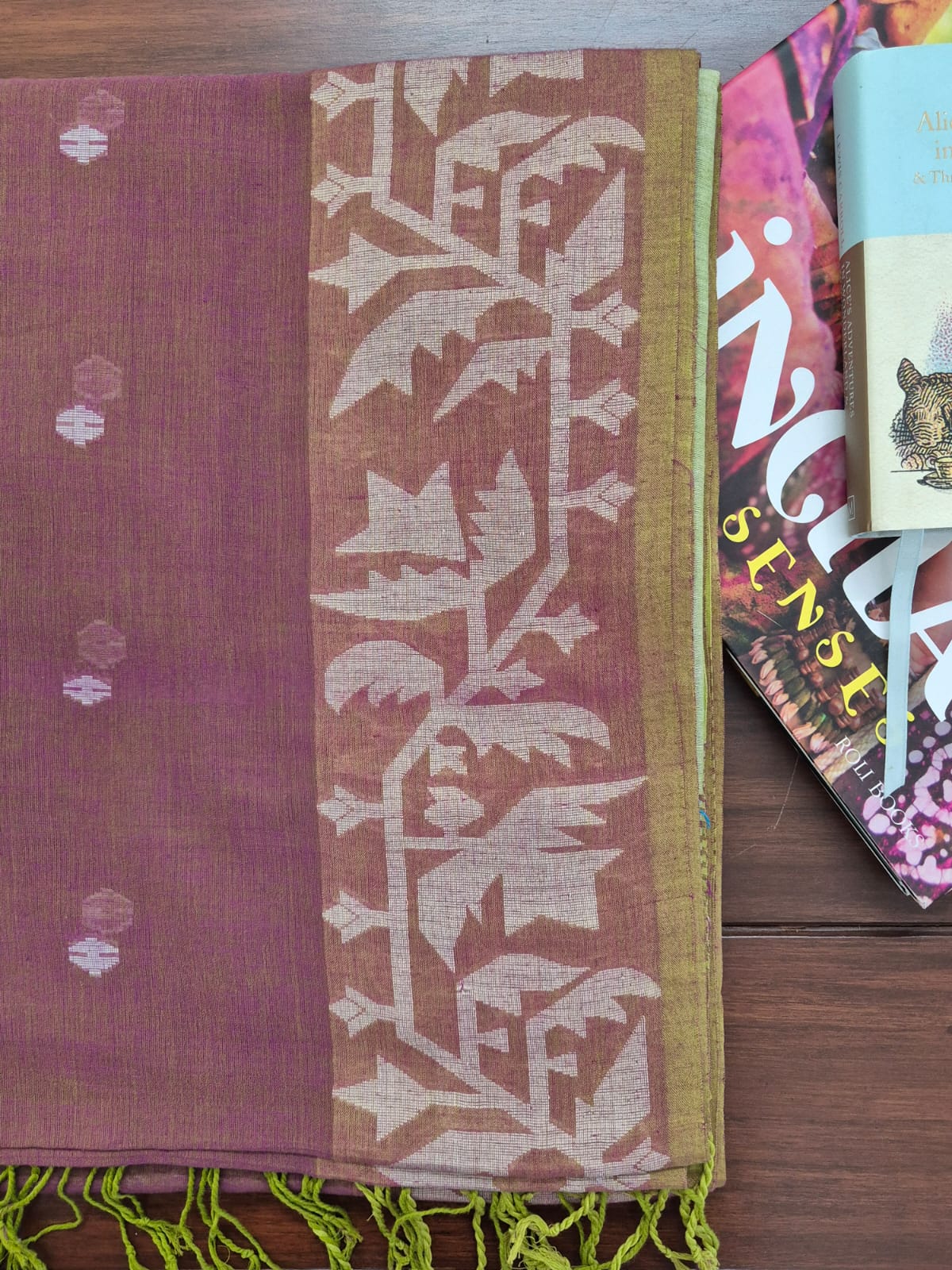 Elegant Mulmul Cotton Saree made on Jacquard Loom in Brown and Green Colour