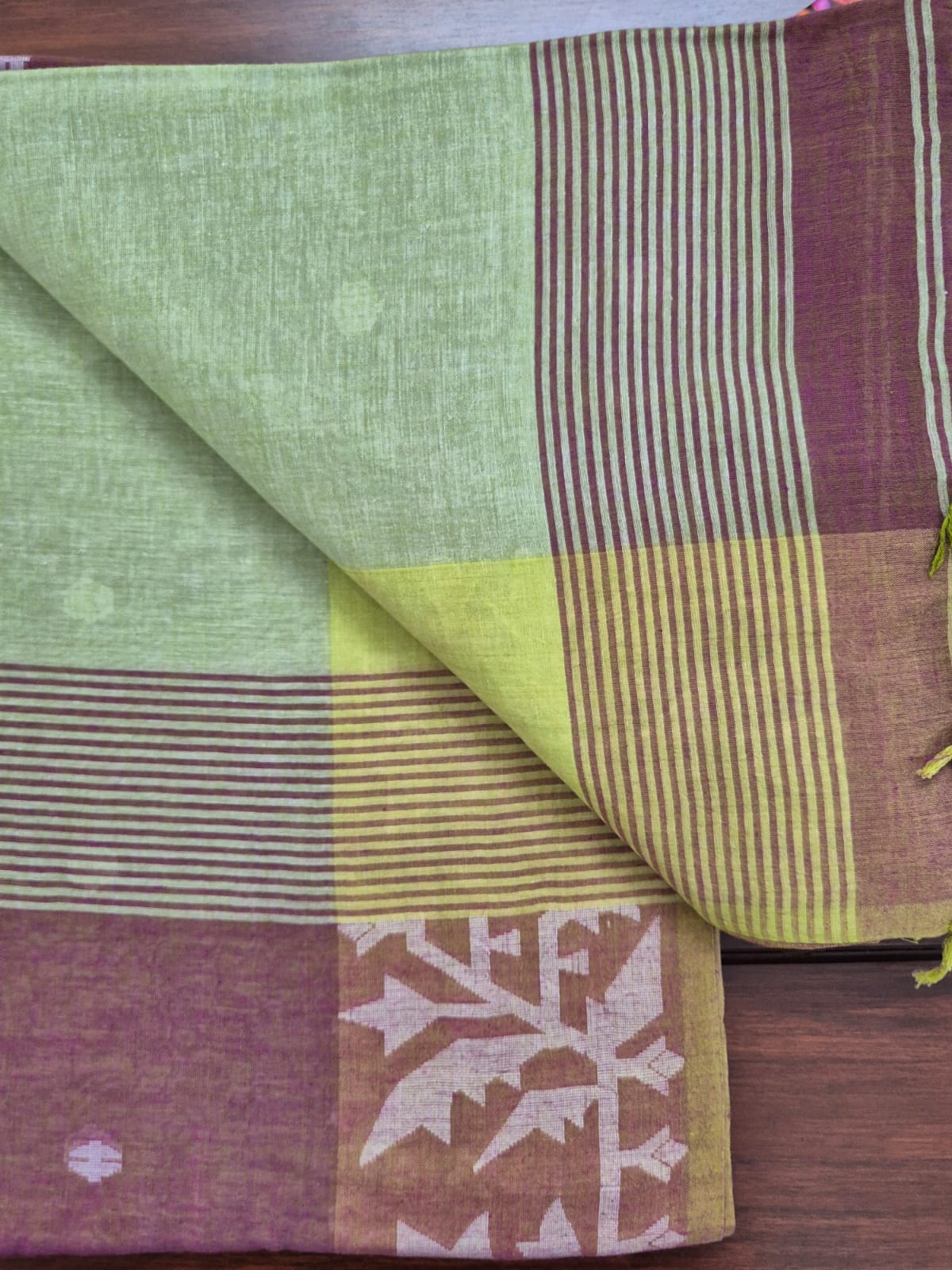 Elegant Mulmul Cotton Saree made on Jacquard Loom in Brown and Green Colour