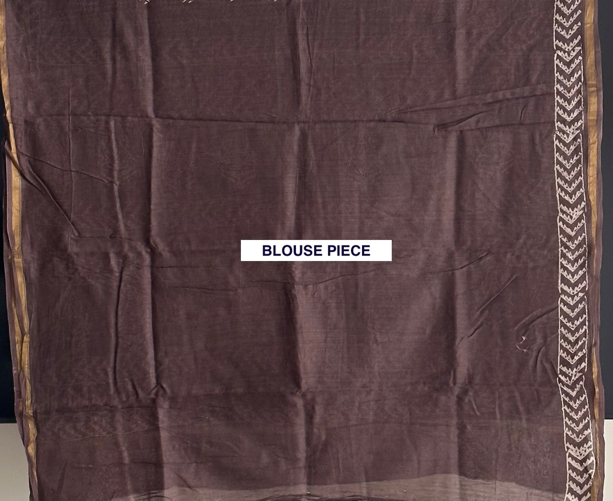 Brown Handblock Print Chanderi Cotton Silk Saree