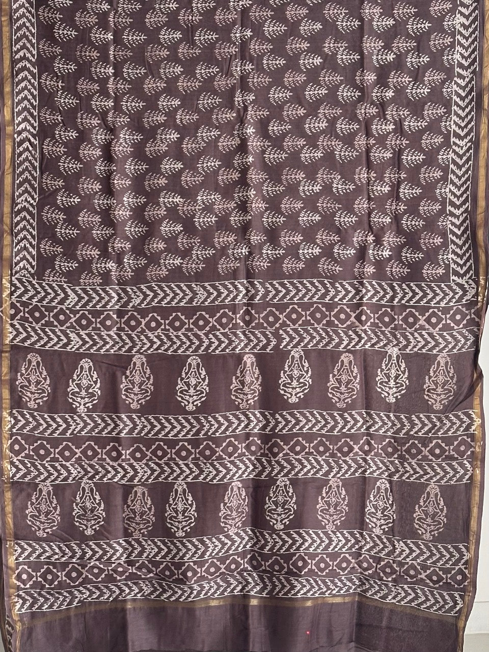 Brown Handblock Print Chanderi Cotton Silk Saree