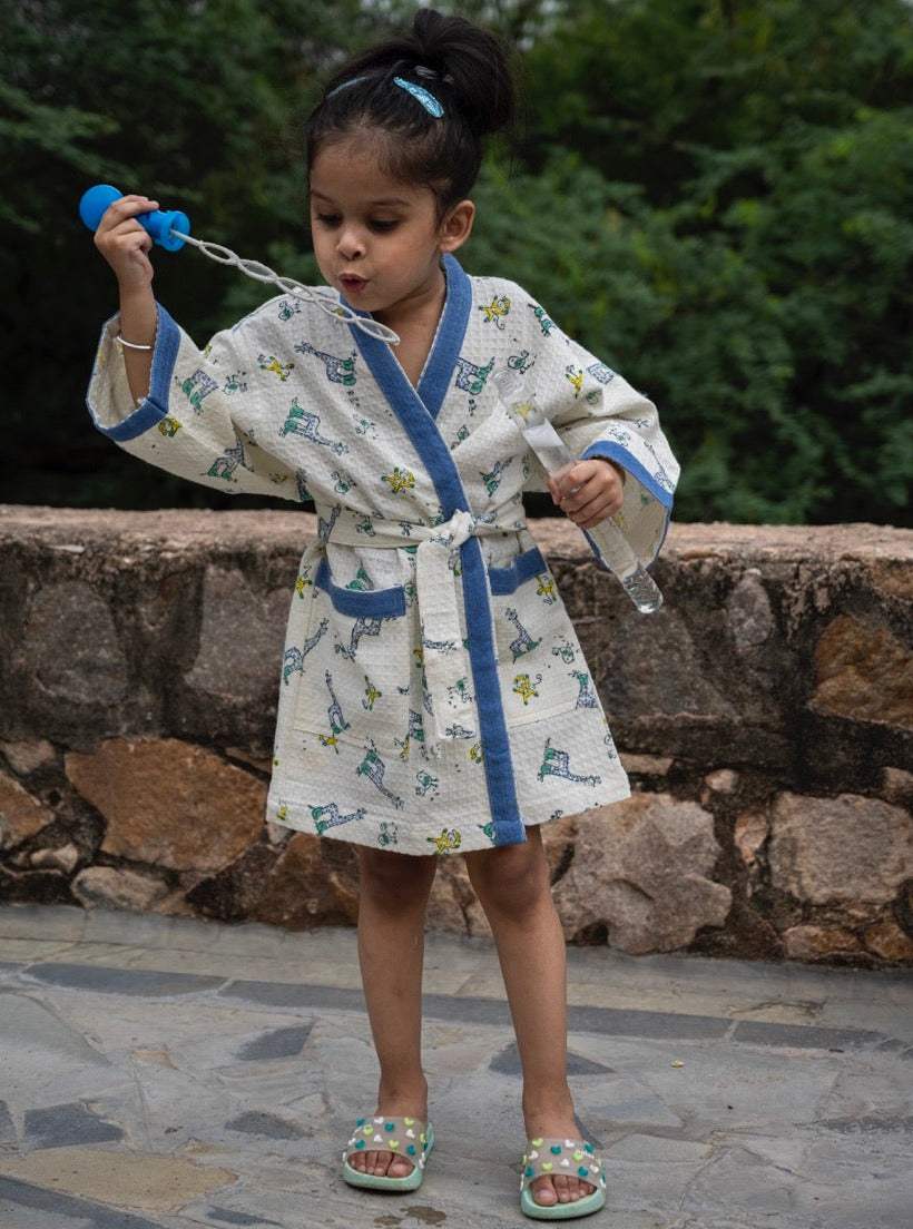 handblock printed kids bathrobes with giraffe and monkey print perfect for swimming classes Malaysia