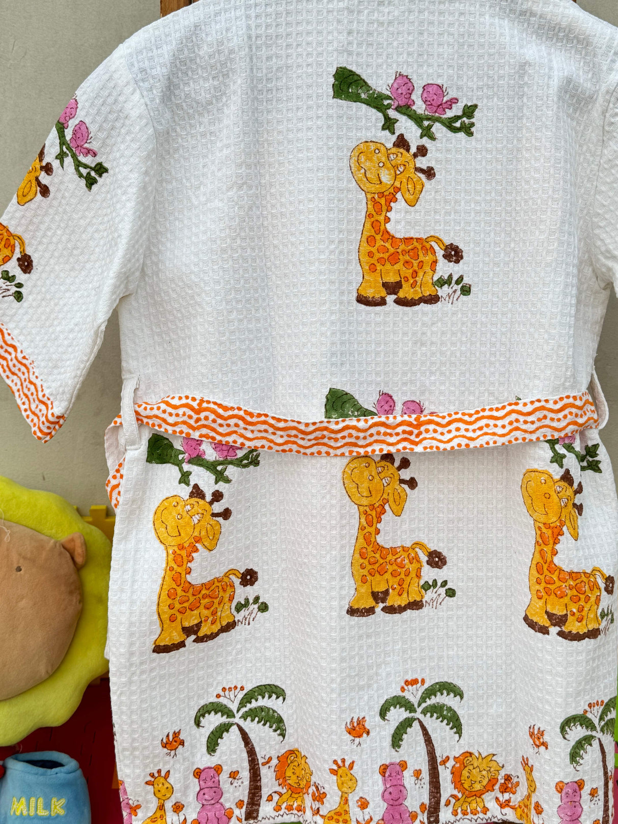 soft breathable cotton waffle bathrobe with cute giraffe print perfect for summer camps and daily showers