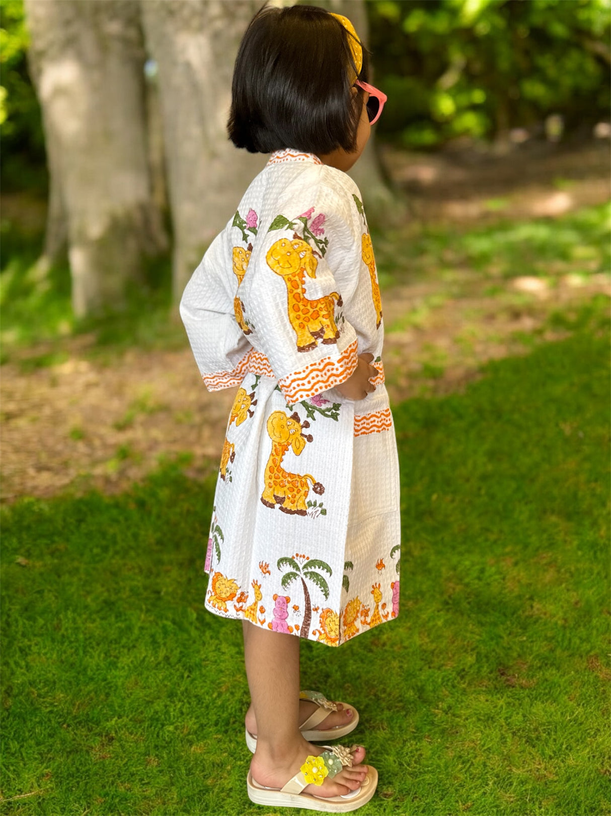 high-quality cotton waffle kids bathrobe with handblock printed giraffe design export quality for USA