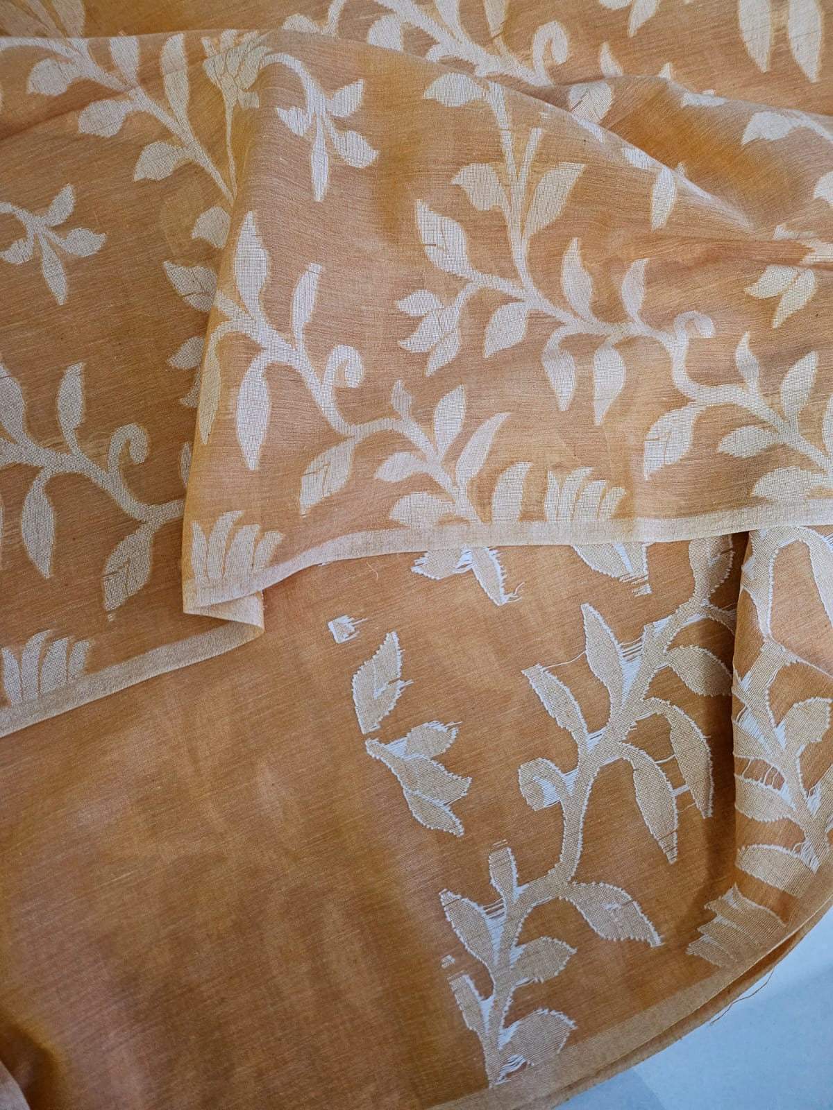 Orange Floral Cotton Saree made on Jacquard Loom