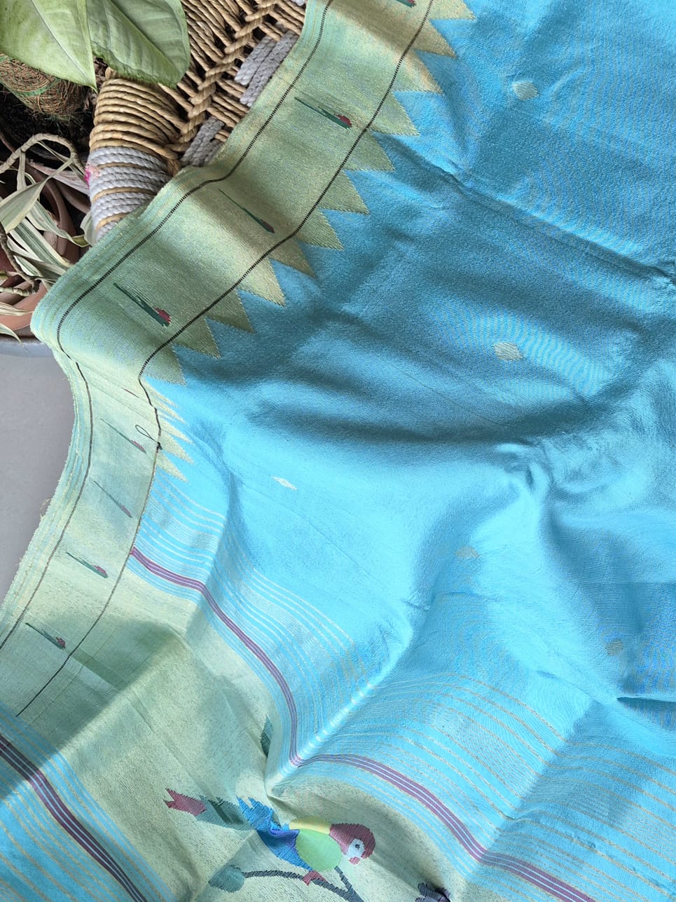 Light Capri Blue Handloom Silk Paithani Dupatta with Single Muniya Border