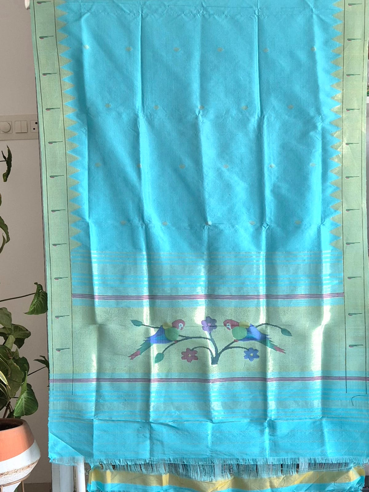 Light Capri Blue Handloom Silk Paithani Dupatta with Single Muniya Border