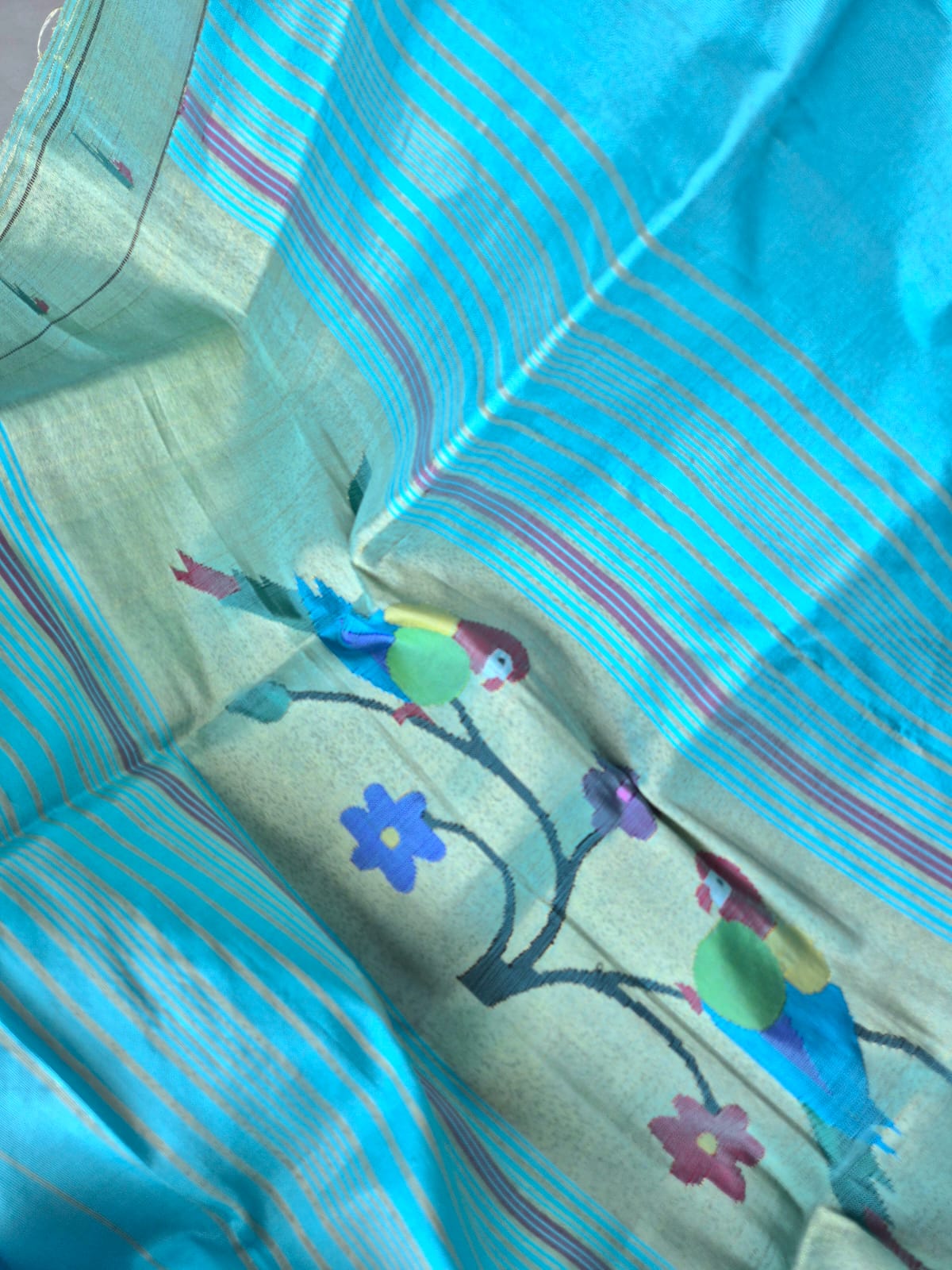 Light Capri Blue Handloom Silk Paithani Dupatta with Single Muniya Border