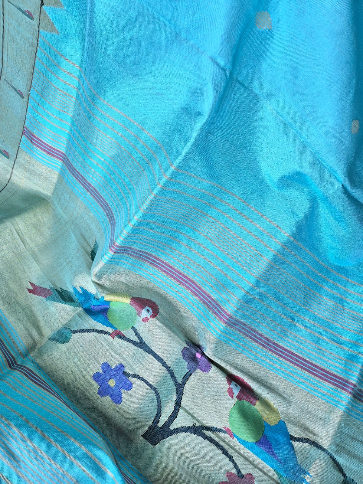 Light Capri Blue Handloom Silk Paithani Dupatta with Single Muniya Border