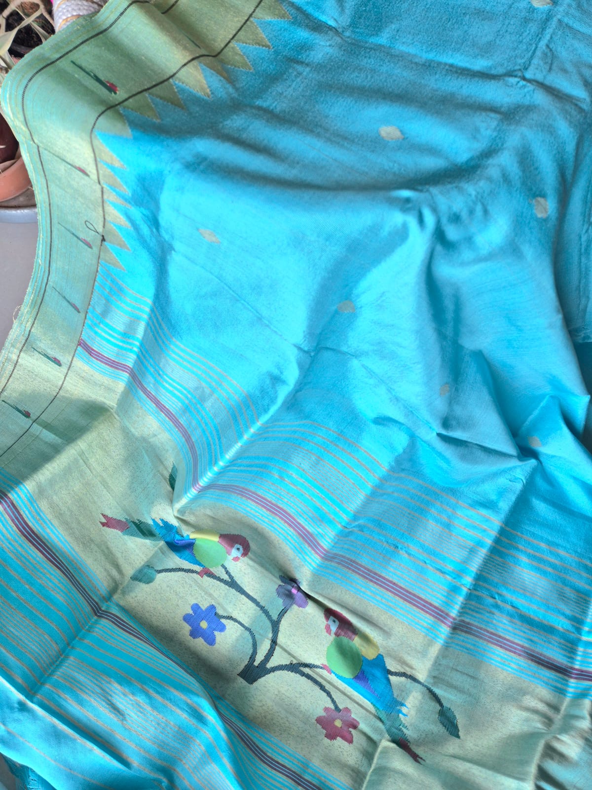 Light Capri Blue Handloom Silk Paithani Dupatta with Single Muniya Border