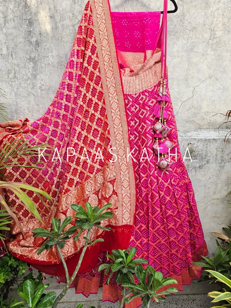 Captivating Rani Pink Pure Banarsi Georgette Bandhani Lehenga