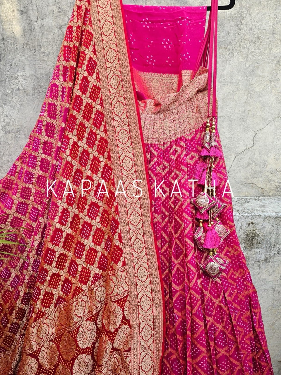 Captivating Rani Pink Pure Banarsi Georgette Bandhani Lehenga