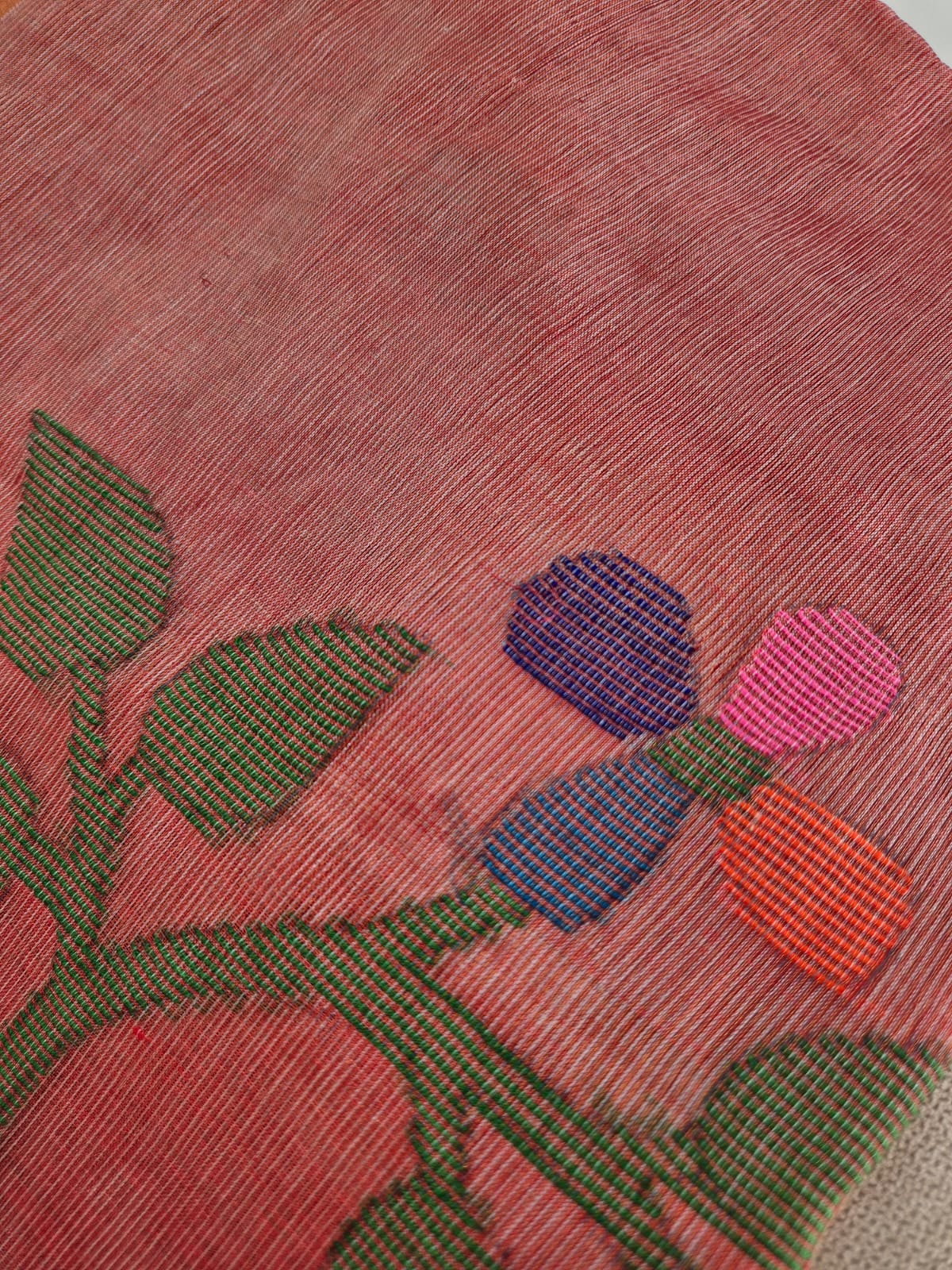 sophisticated-carrot-red-handloom-tissue-silk-saree-with-jamdani-weaving