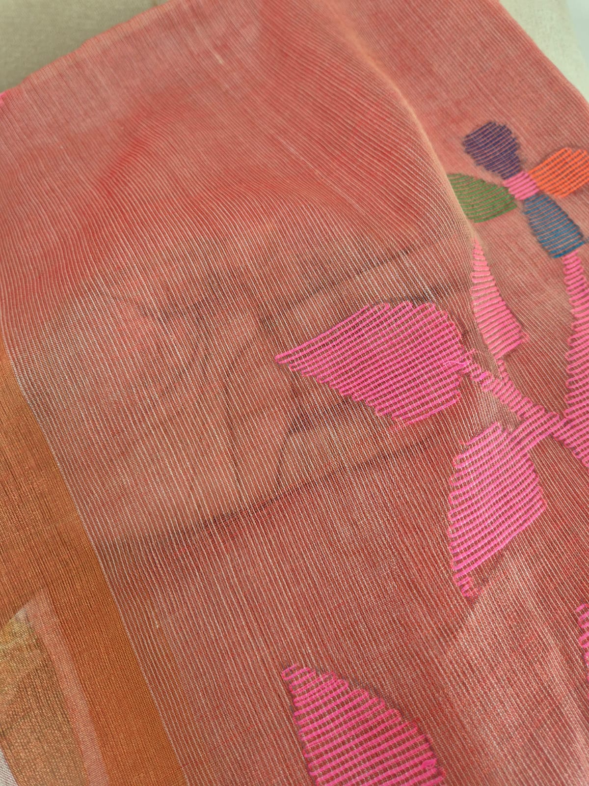 Carrot Handloom Tissue Silk Saree with Jamdani weaving