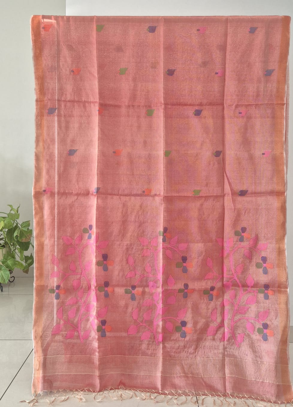 Carrot Handloom Tissue Silk Saree with Jamdani weaving
