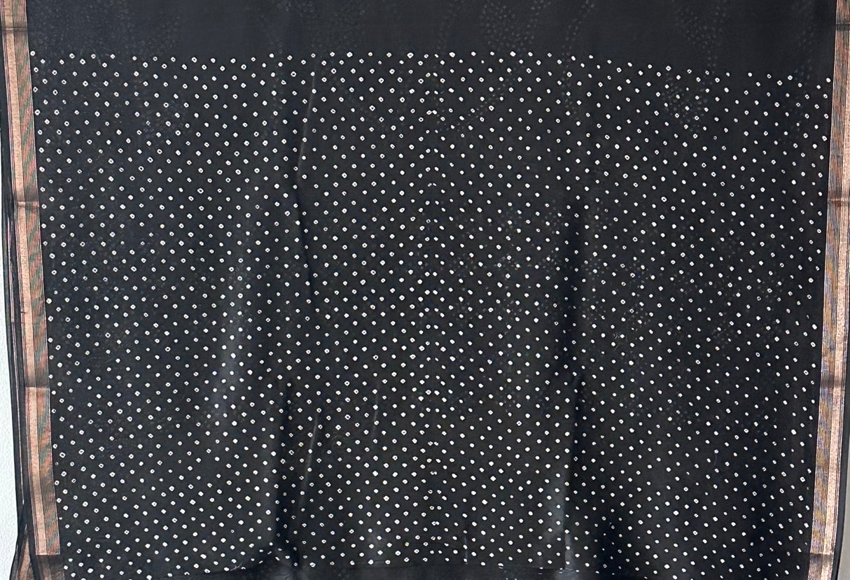 Black Chanderi Cotton Silk Half And Half Bandhani Saree