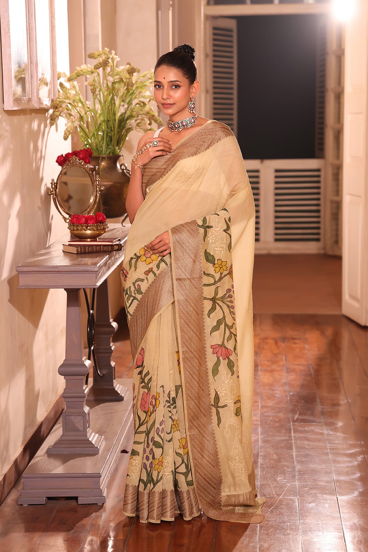 Chanderi Cotton Silk Floral Kalamkari Saree