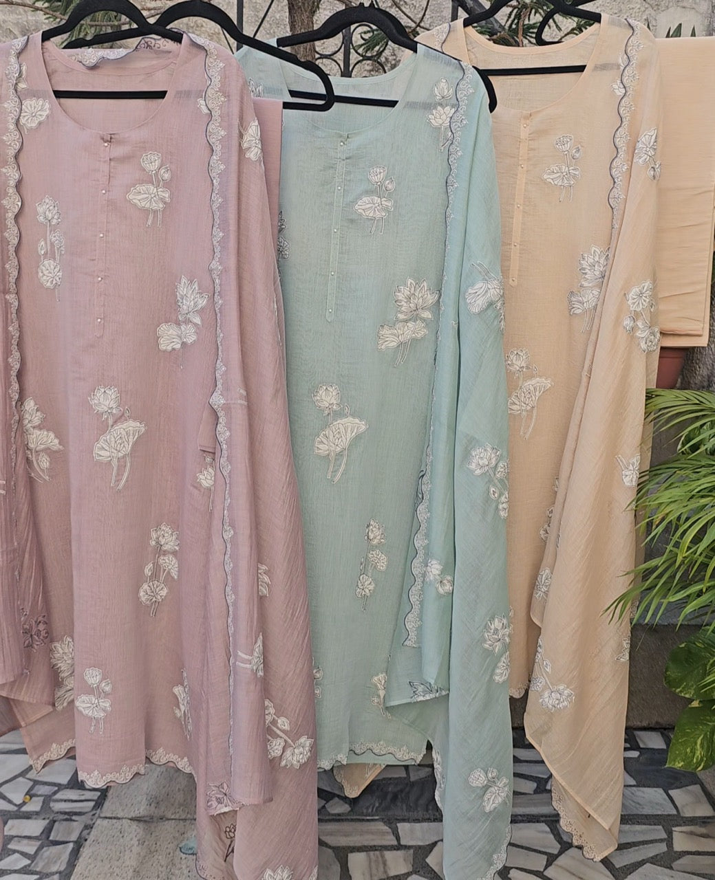 3 Piece Chanderi Mulmul Semi Stitched Suit Set with Applique