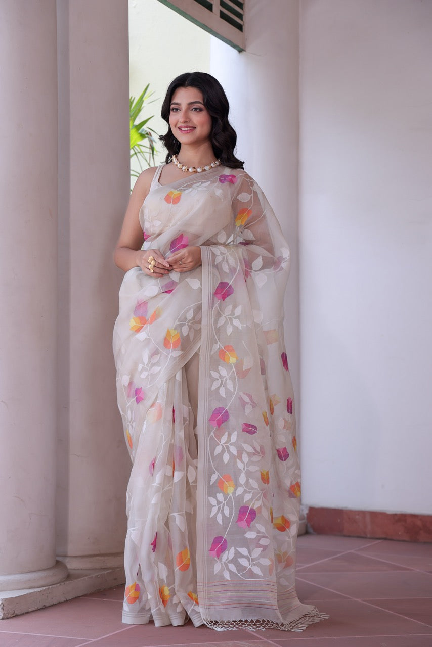 Chandrika Phoolban - Handloom Muslin Silk Saree with Jamdani weaving