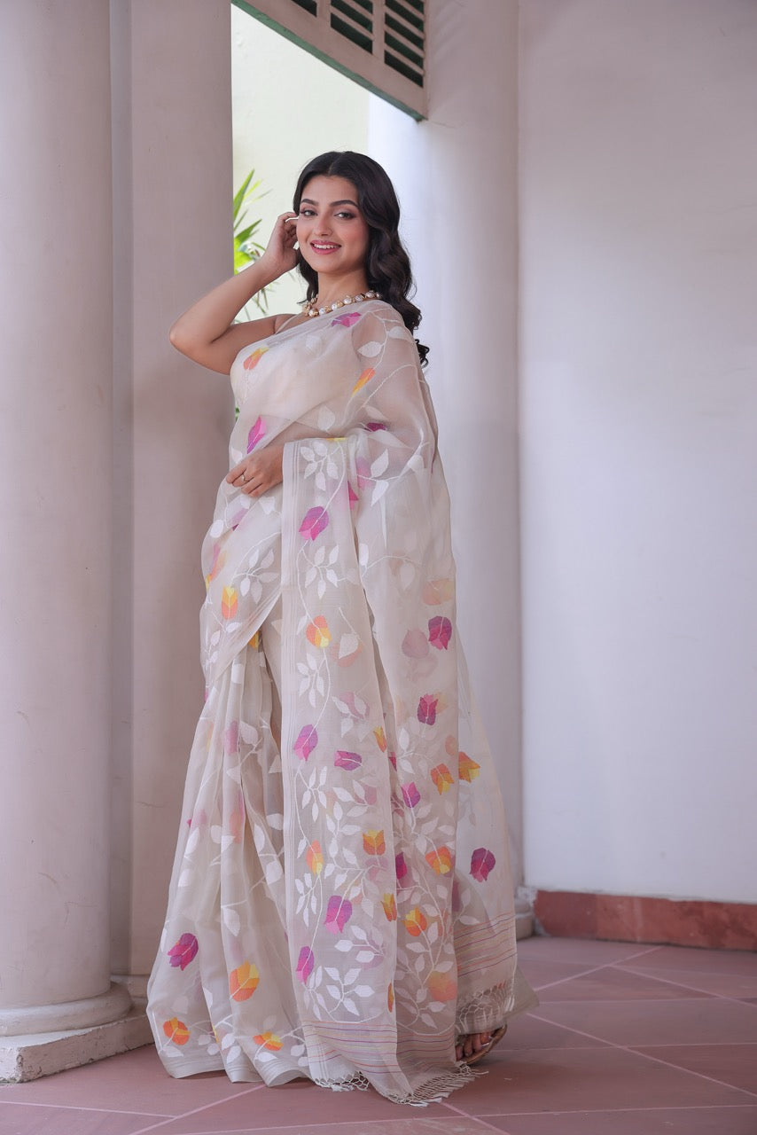 Chandrika Phoolban - Handloom Muslin Silk Saree with Jamdani weaving