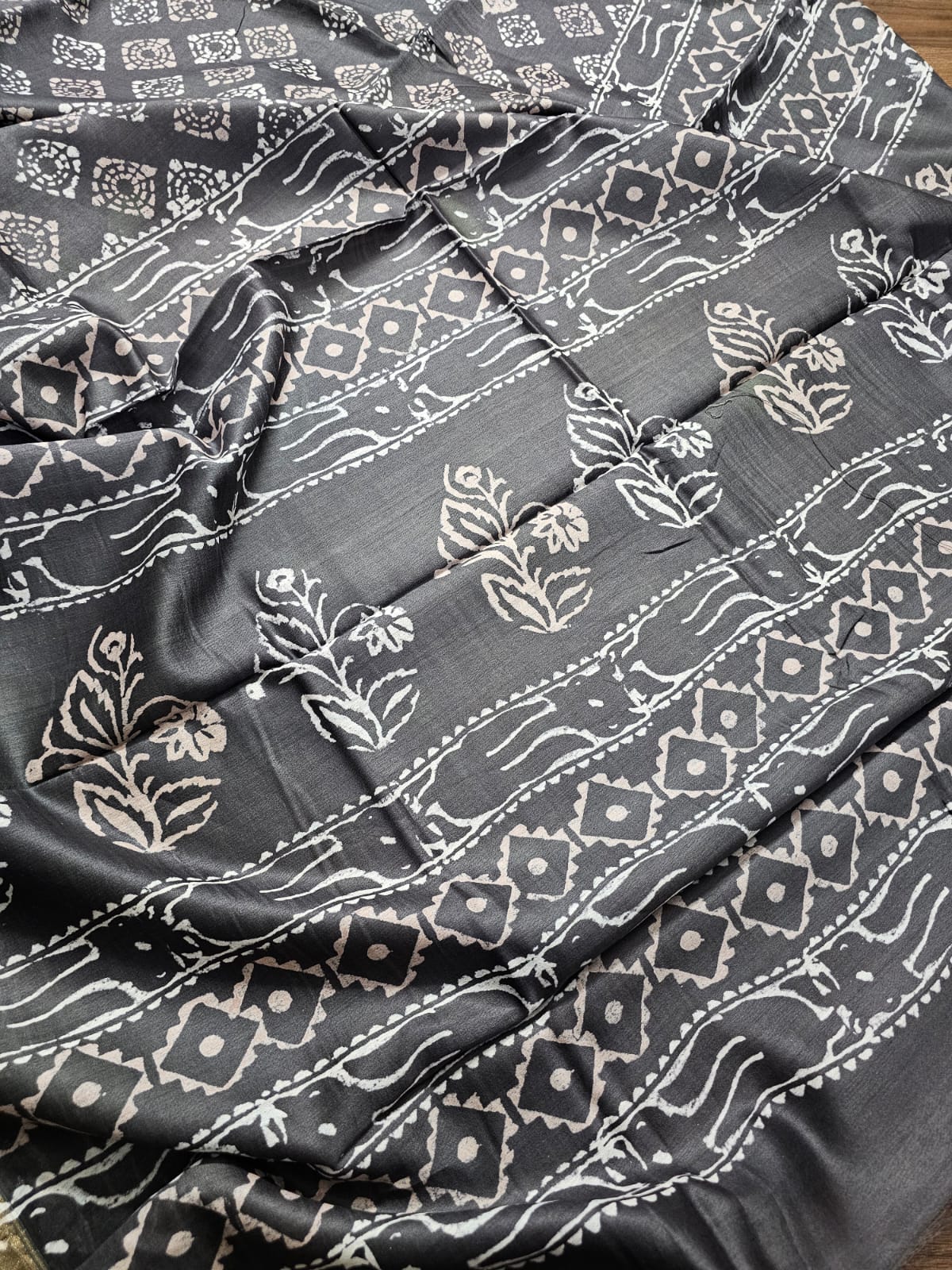 Charcoal Grey Handblock Print Chanderi Cotton Silk Saree