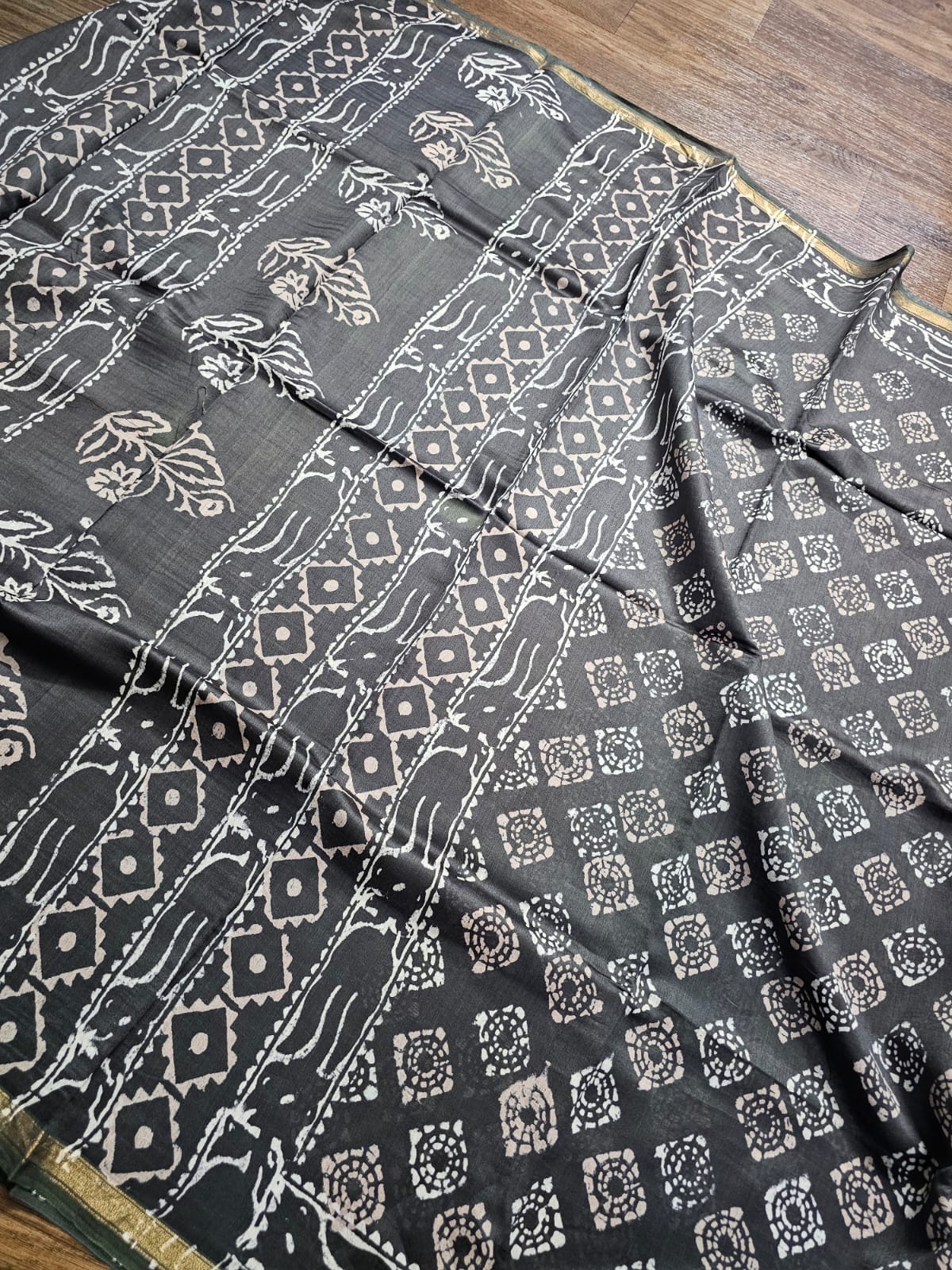 Charcoal Grey Handblock Print Chanderi Cotton Silk Saree
