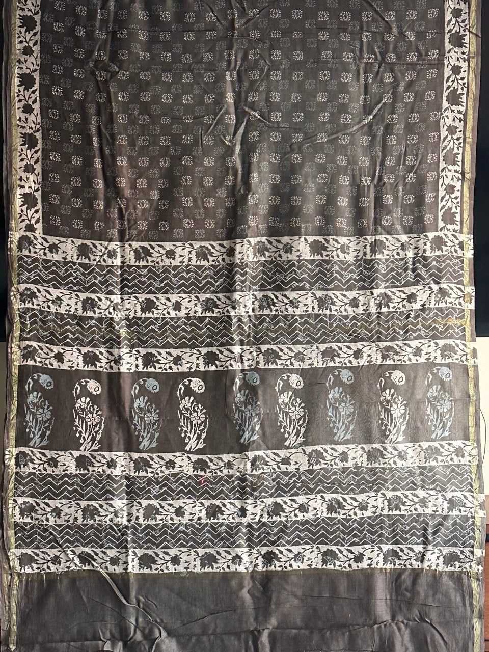 Charcoal Grey Handblock Print Chanderi Cotton Silk Saree