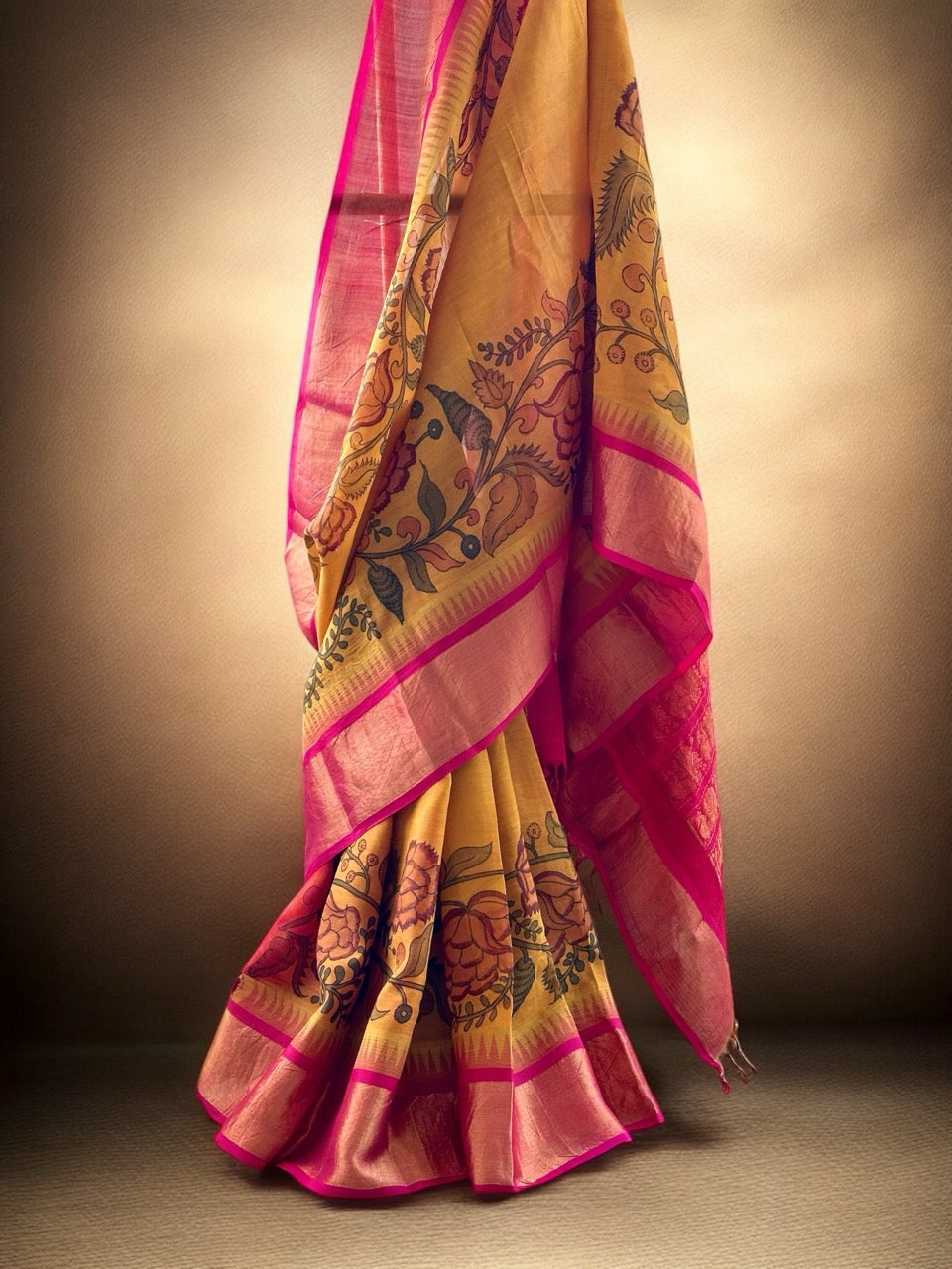 Floral Mustard yellow Cotton Silk Kalamkari Saree