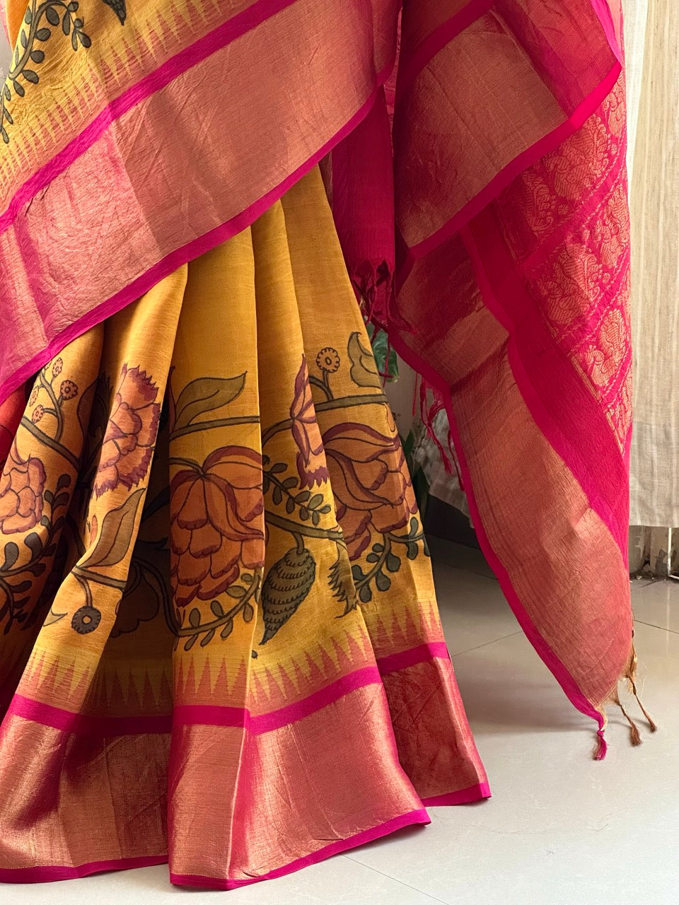 Floral Mustard yellow Cotton Silk Kalamkari Saree