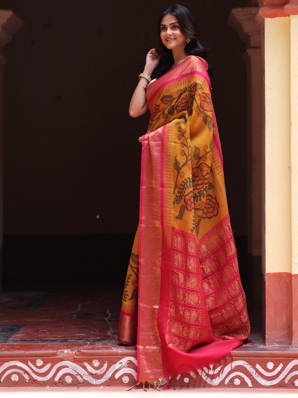 Floral Mustard yellow Cotton Silk Kalamkari Saree