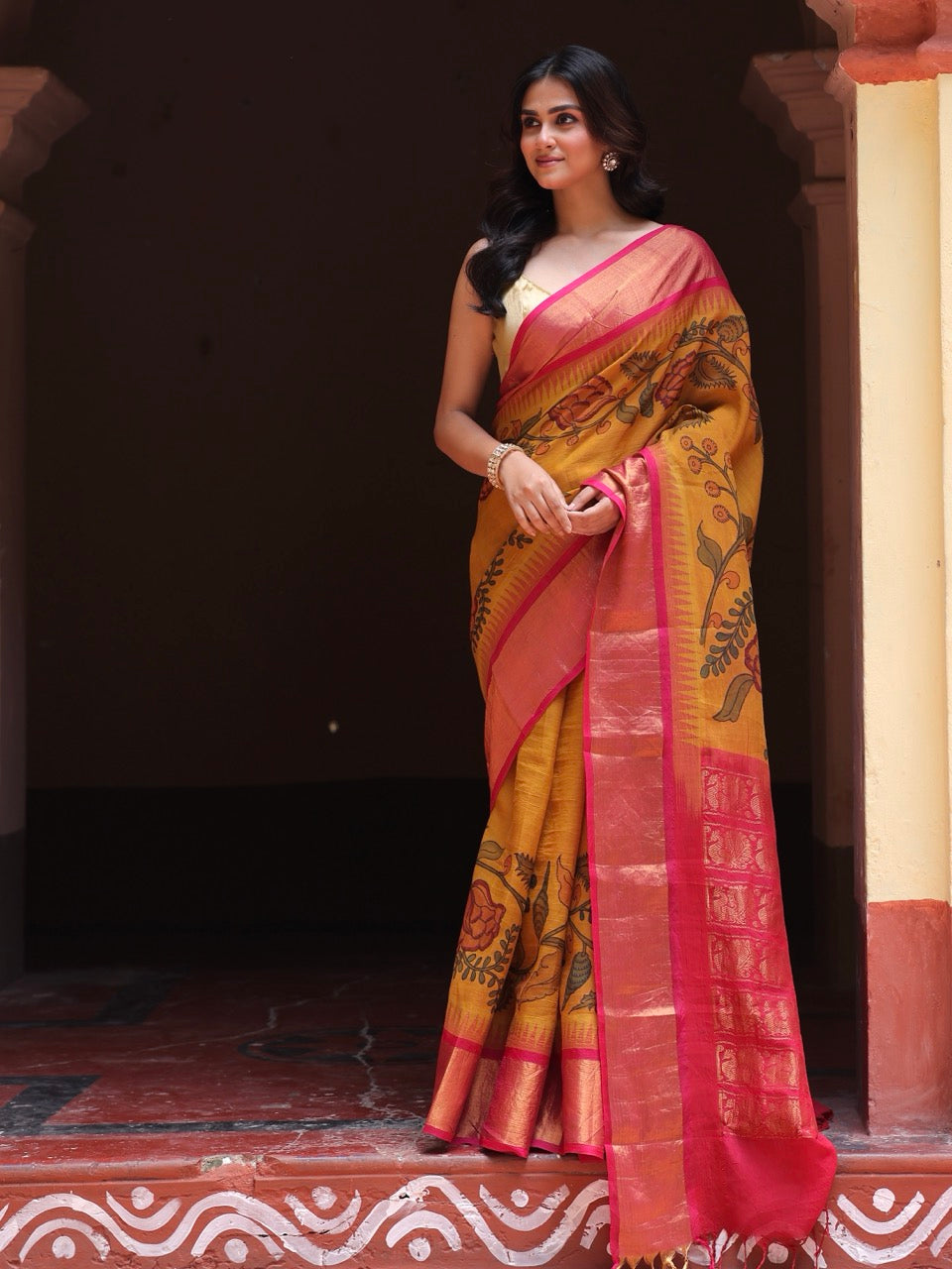 Floral Mustard yellow Cotton Silk Kalamkari Saree
