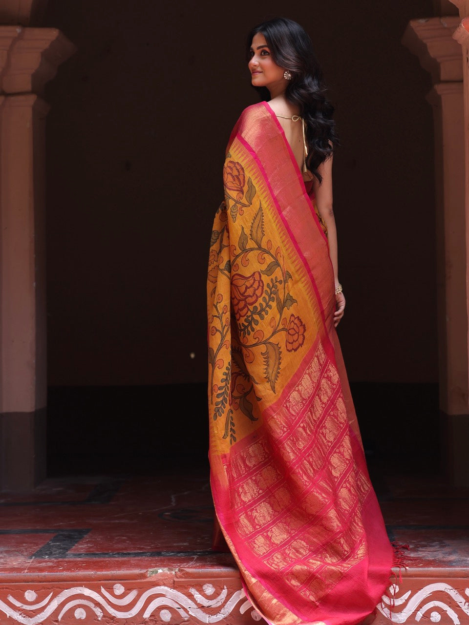 Floral Mustard yellow Cotton Silk Kalamkari Saree