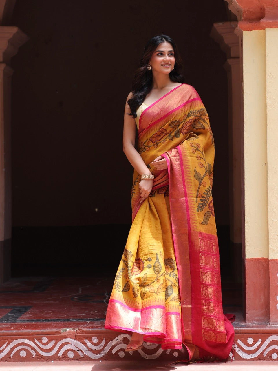 Floral Mustard yellow Cotton Silk Kalamkari Saree