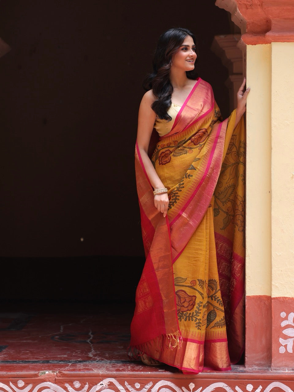 Floral Mustard yellow Cotton Silk Kalamkari Saree