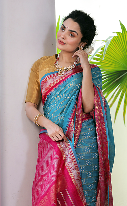 Kuppaddam Pattu (Cotton Silk) Bandhani Saree in Turquoise Colour