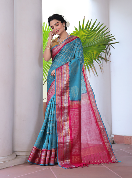 Kuppaddam Pattu (Cotton Silk) Bandhani Saree in Turquoise Colour