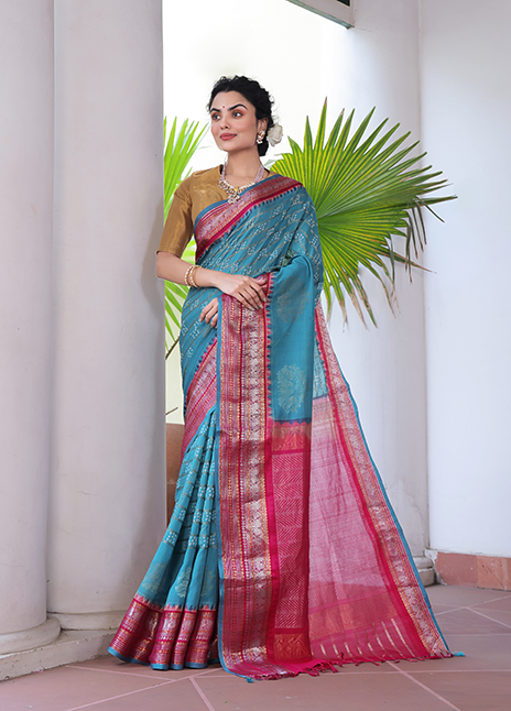 Kuppaddam Pattu (Cotton Silk) Bandhani Saree in Turquoise Colour