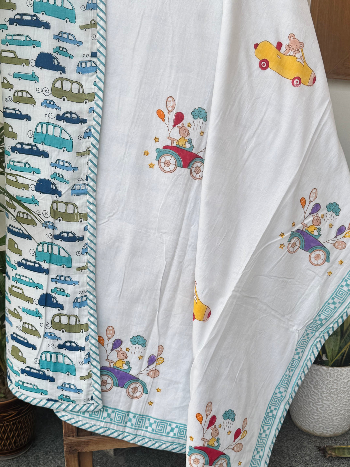 eco friendly kids bedding car print dohar mulmul flannel reversible summer blanket perfect for baby shower birthday return gifts boutique orders india and abroad