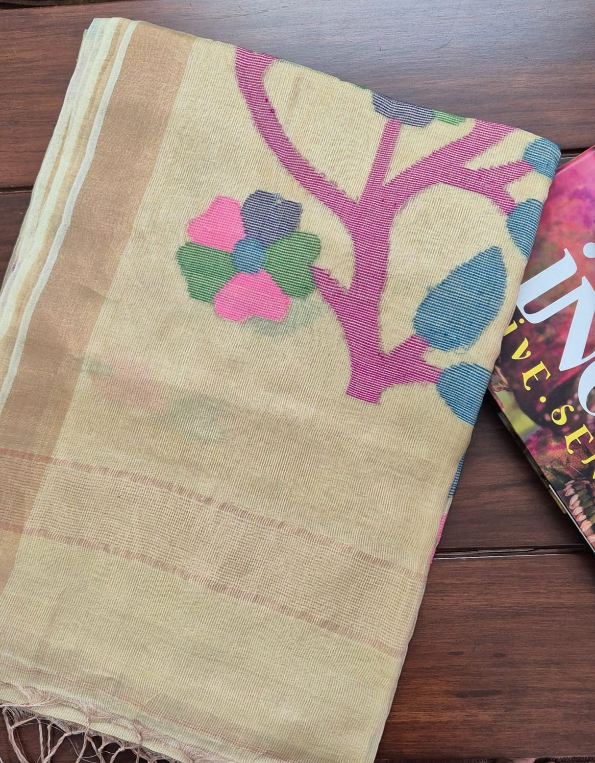 Cream Base with Pink Stems Handloom Tissue Silk Saree with Jamdani weaving