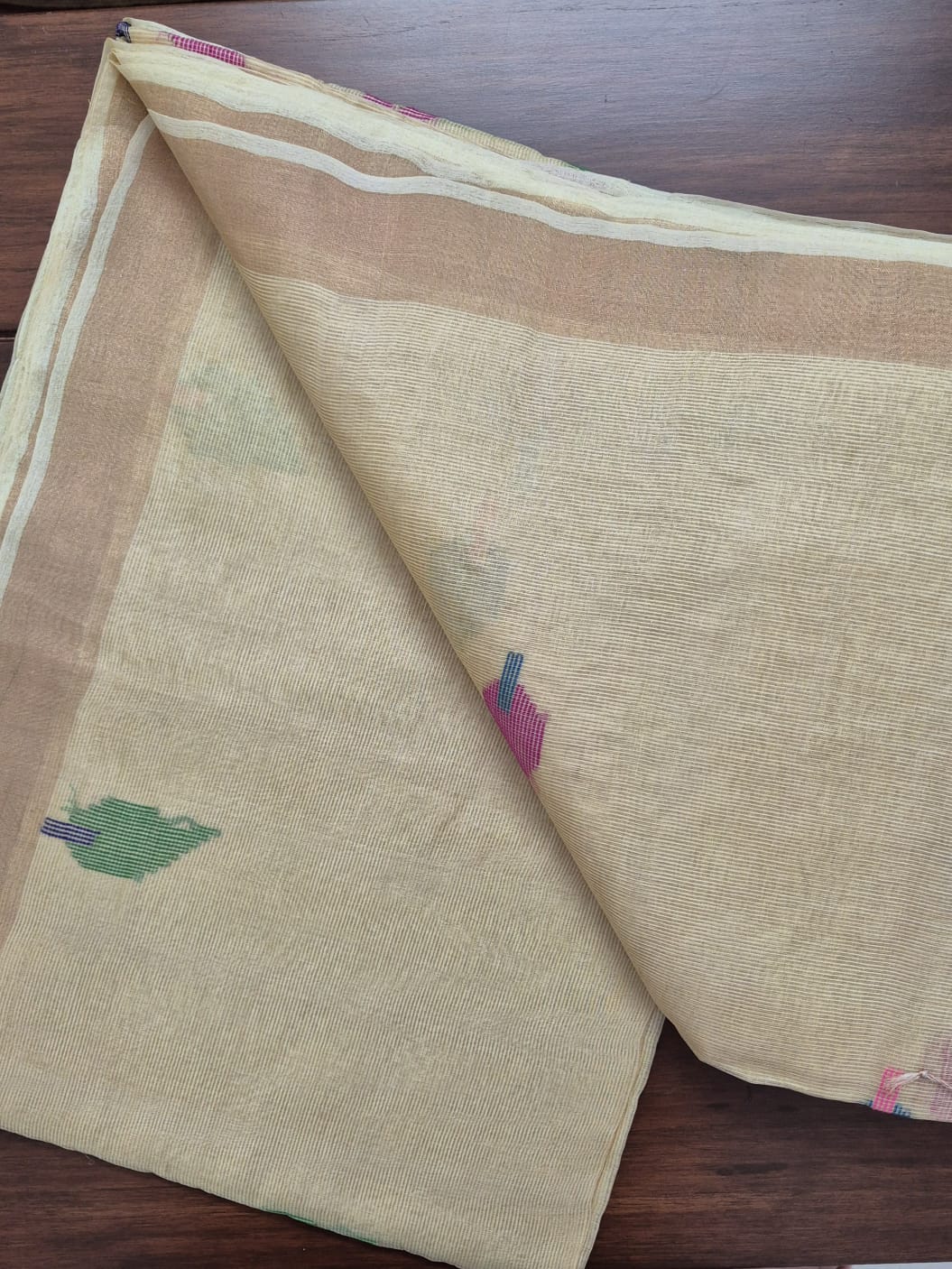 Cream Base with Pink Stems Handloom Tissue Silk Saree with Jamdani weaving